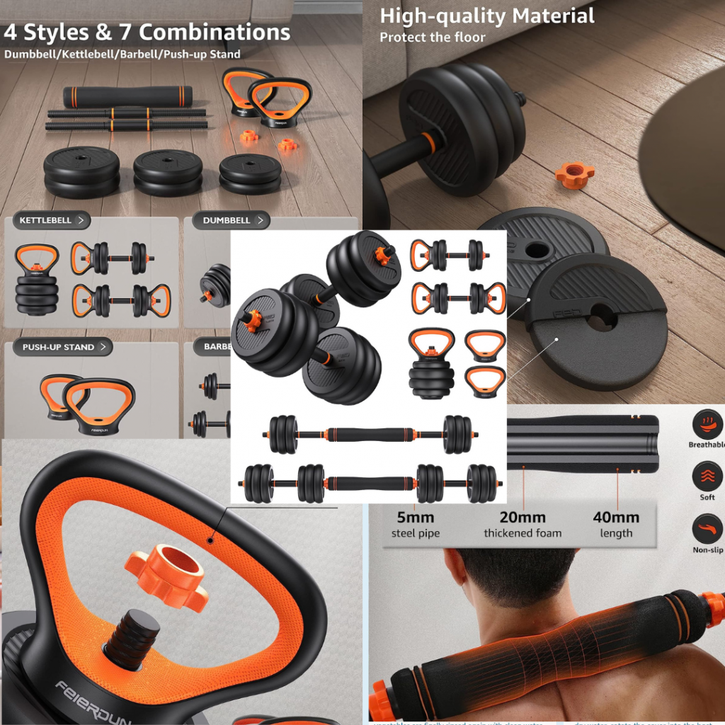 Adjustable Dumbbells, 20/30/40/50/70/90lb Free Weight Set with Connector, 4 in 1 Dumbbells FEIERDUN Set includes a barbell, kettlebells, a push-up stand, and fitness exercises for a home gym that are suitable for both men and women. Fitness