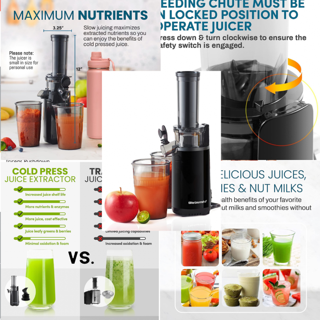 Elite Gourmet EJX600 Compact Small Space-Saving Masticating Slow Juicer, Cold Press Juice Extractor, Nutrient and Vitamin Dense, Easy to Clean, 16 oz Juice Cup, Charcoal Grey  Boost